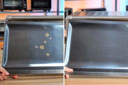 Before and after cleaning the stainless steel slide-out crumb tray of the Breville BOV900BSS
