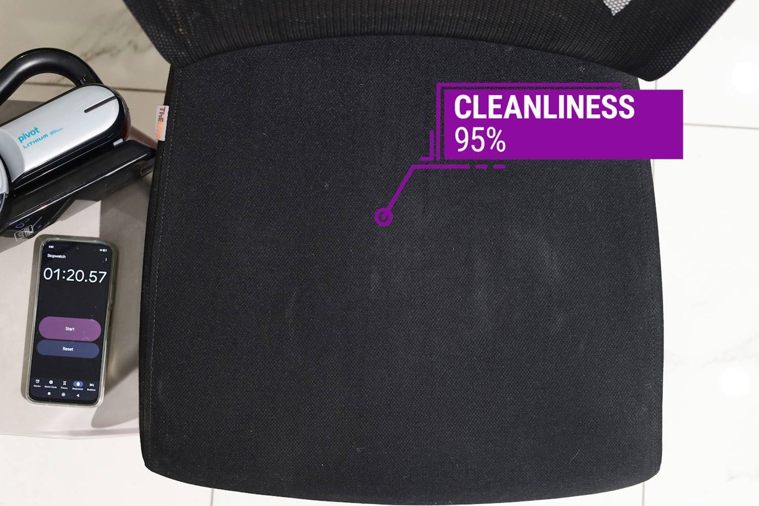 The messy fabric seat was all cleaned up after 1m20s