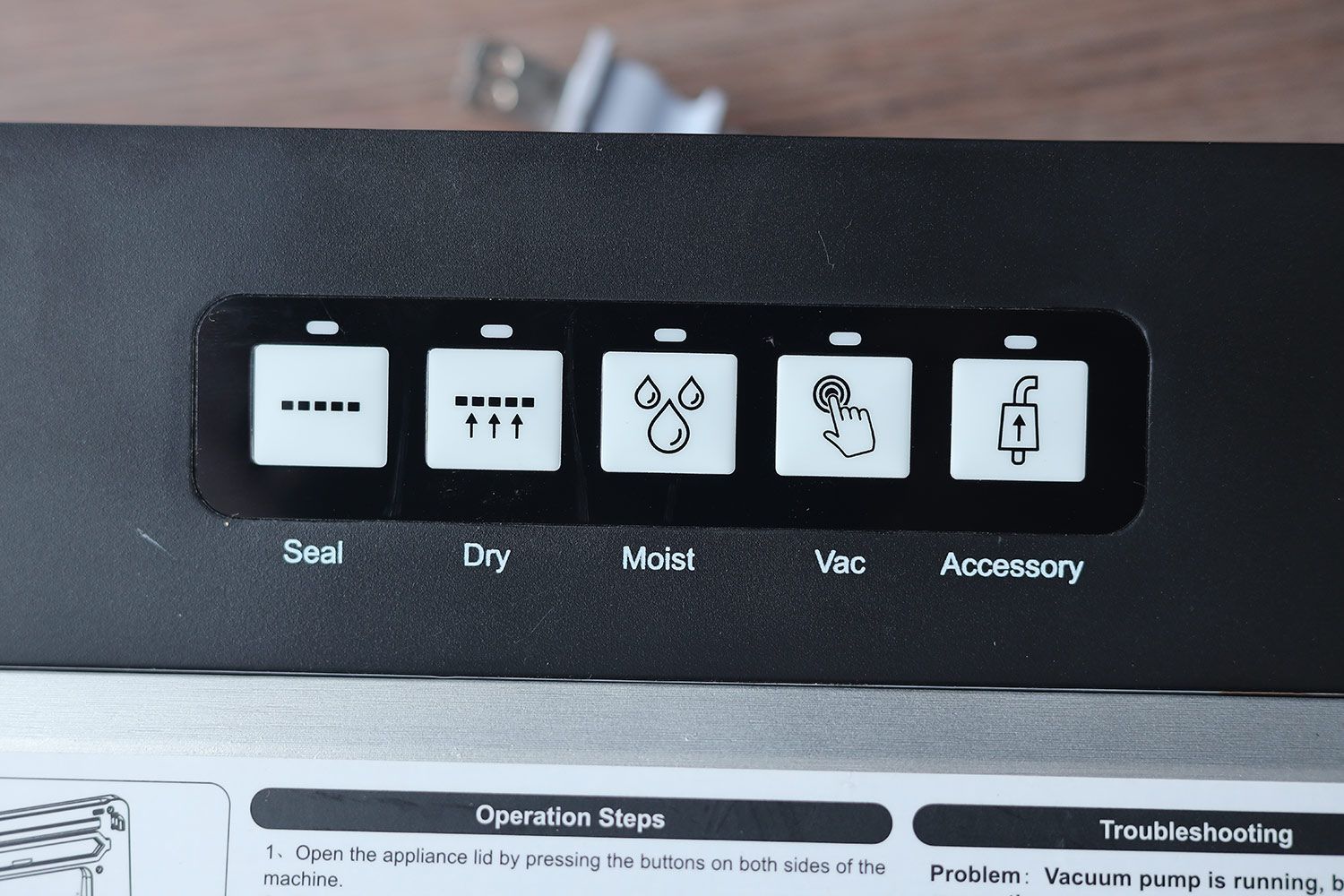 The control panel features five buttons, each with clear visual icons and indicator lights placed on top of them for more intuitive using experience.