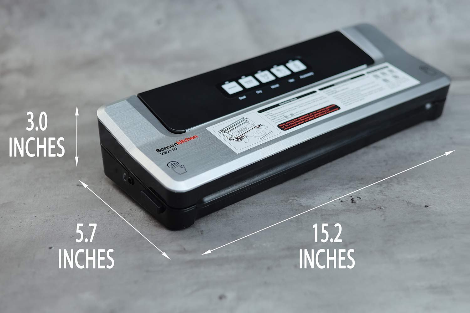 The dimensions of the BonsenKitchen VS2100 vacuum sealer. Its length is marked as 15.2 inches, width is 5.7 inches, and height is 3.0 inches.