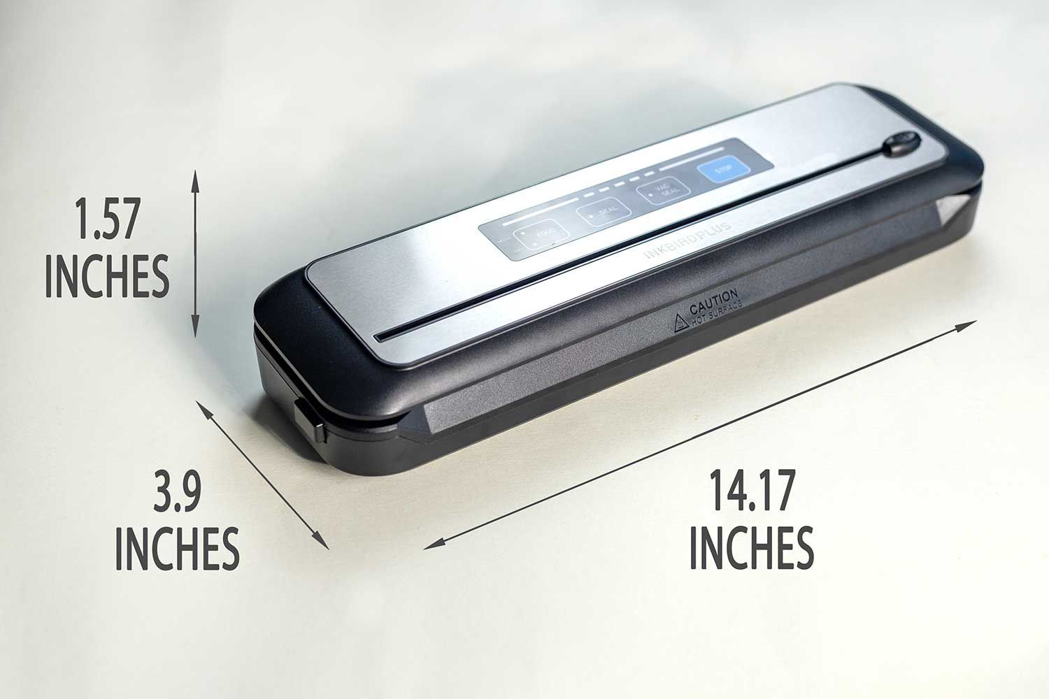 The dimensions of the Inkbird Plus INK-VS01 is noticeably compact width-wise. Its length is 14.17, width clocks in at just 3.9 inches, and height is 1.57 inches.