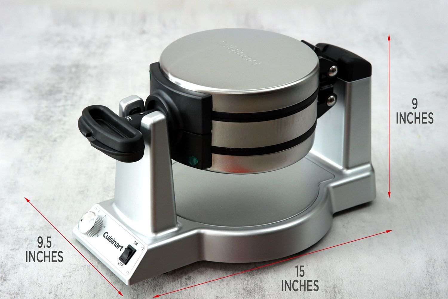 The Cuisinart WAF-F20P1 Double waffle maker dimension measurement chart. Its length is noted as 15 inches, width is 9.5 inches, and its height is 9 inches.