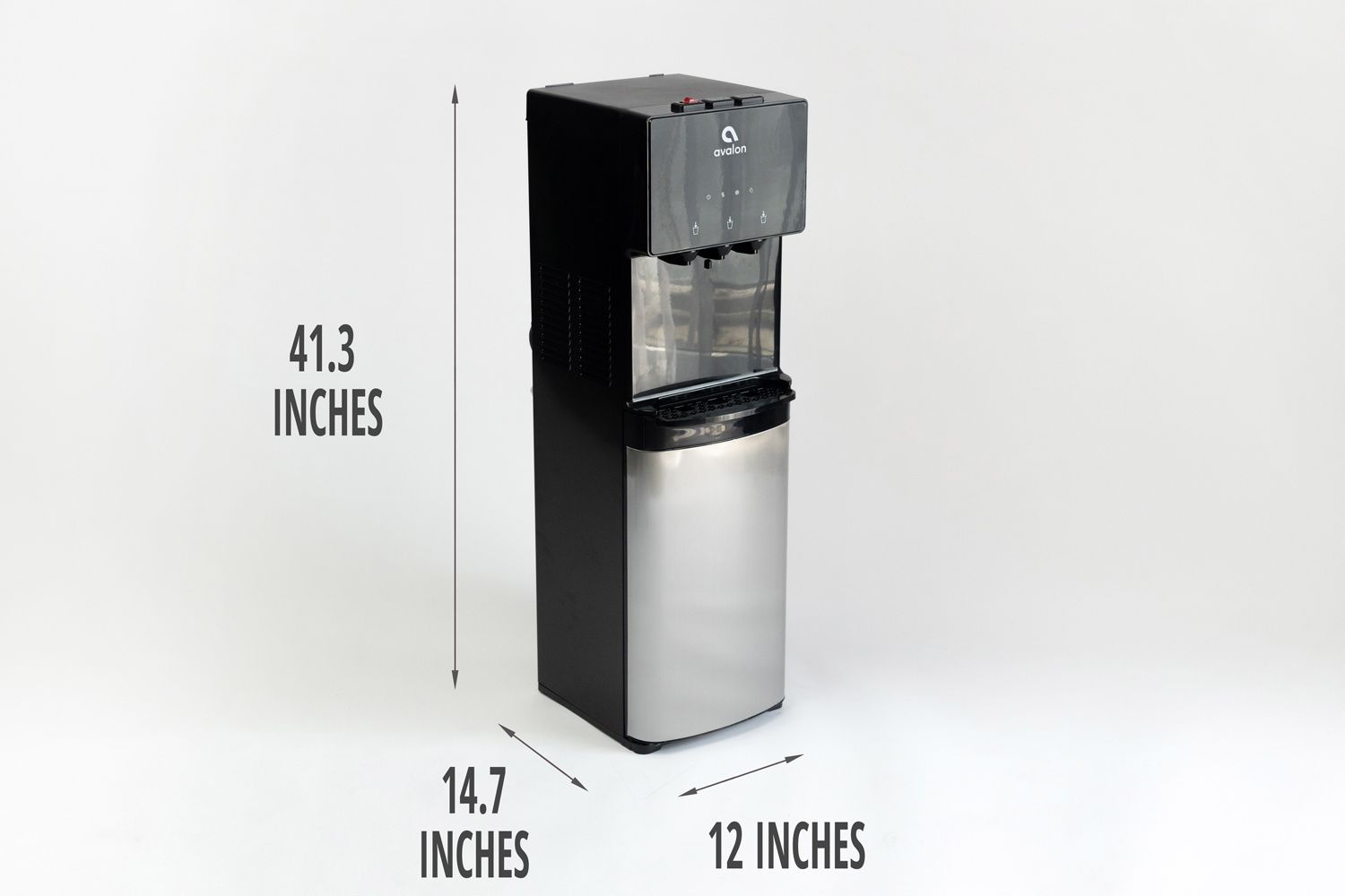 Illustrated dimensions of the Avalon A4 water cooler dispenser showing the height, depth, and width across in inches.