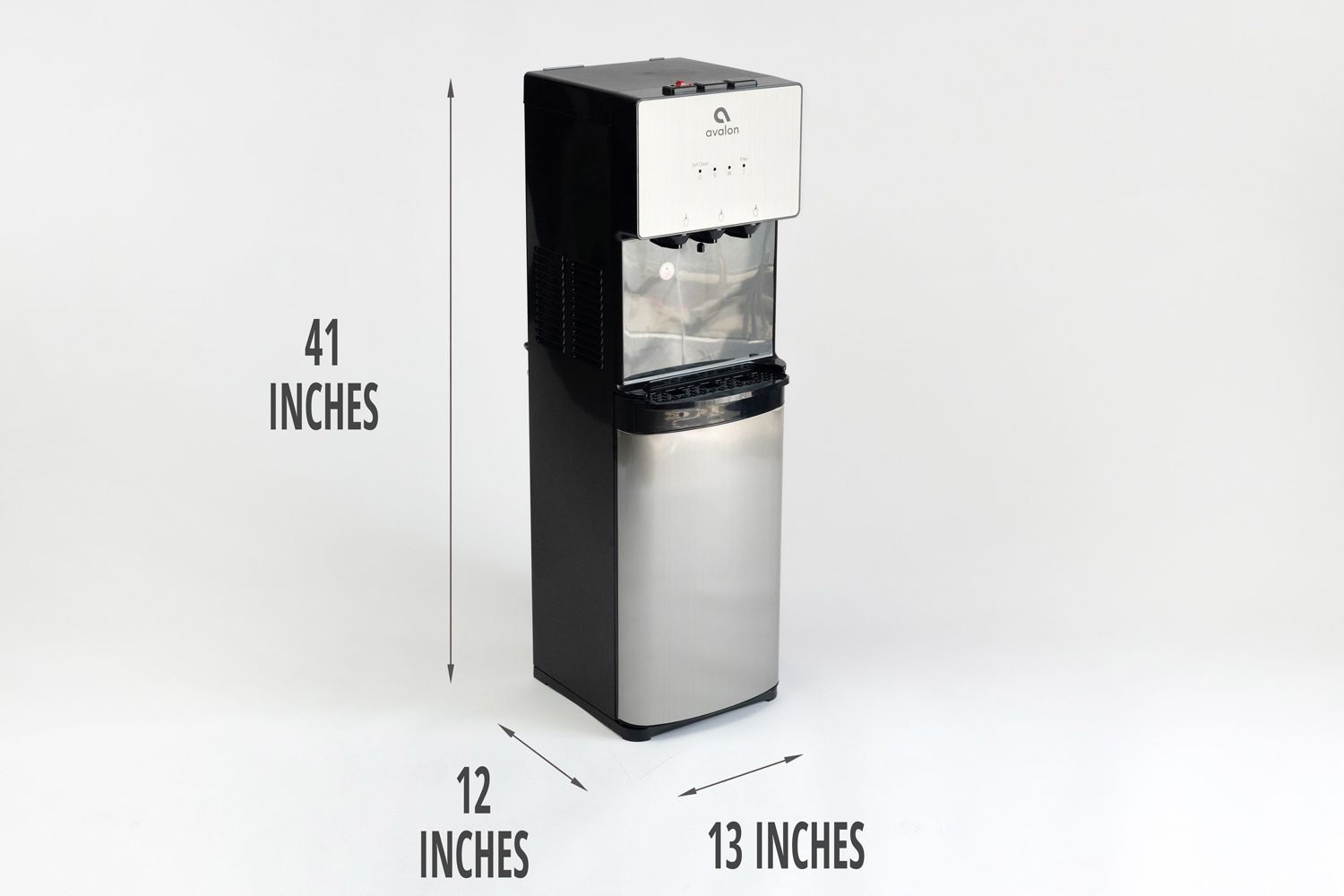 Illustrated dimensions of the Avalon A5 water cooler dispenser showing the height, depth, and width across in inches.