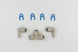 Parts for connecting water lines to the filters of a water cooler dispenser: 4 pressure clips and 3 PE line adaptors.