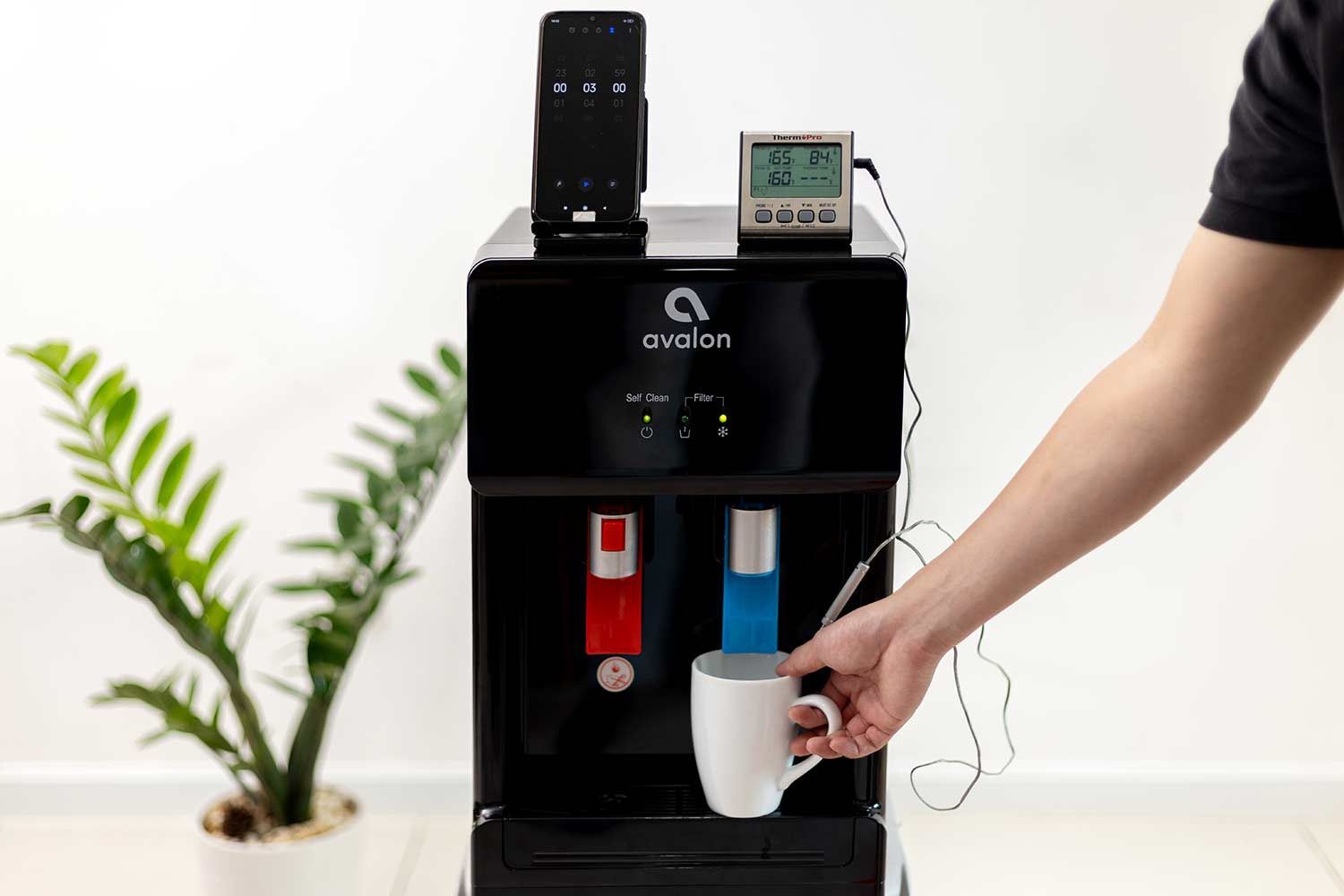 A cold water test being run on an Avalon water cooler dispenser. A temperature probe is being held in a cup connected to a temperature monitor on top of the machine and to the left is a timer showing an interval of 3 minutes.