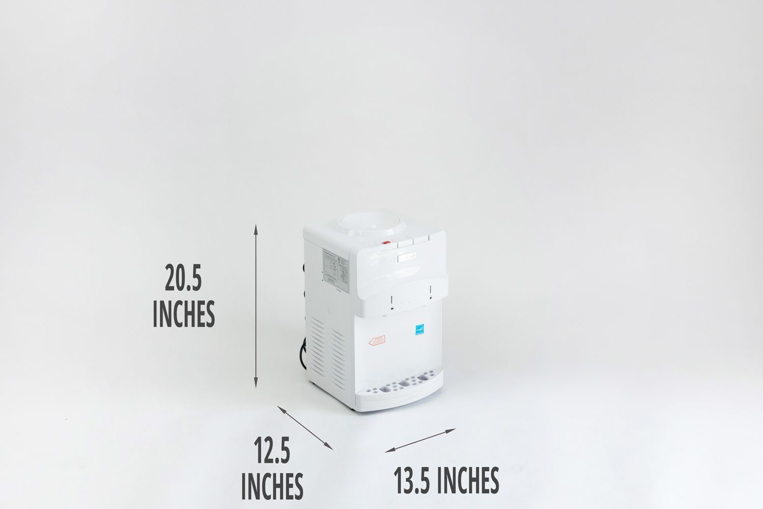 Annotated diagram showing the dimensions of the Igloo countertop water cooler dispenser in inches.