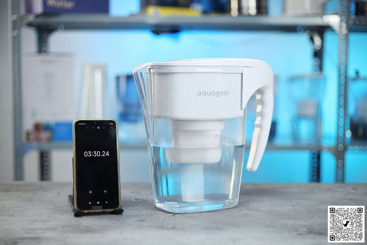 Aquagear pitcher next to smartphone