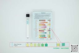 Test tube labeled Brita UltraMax XL next to test kit box and magnified results