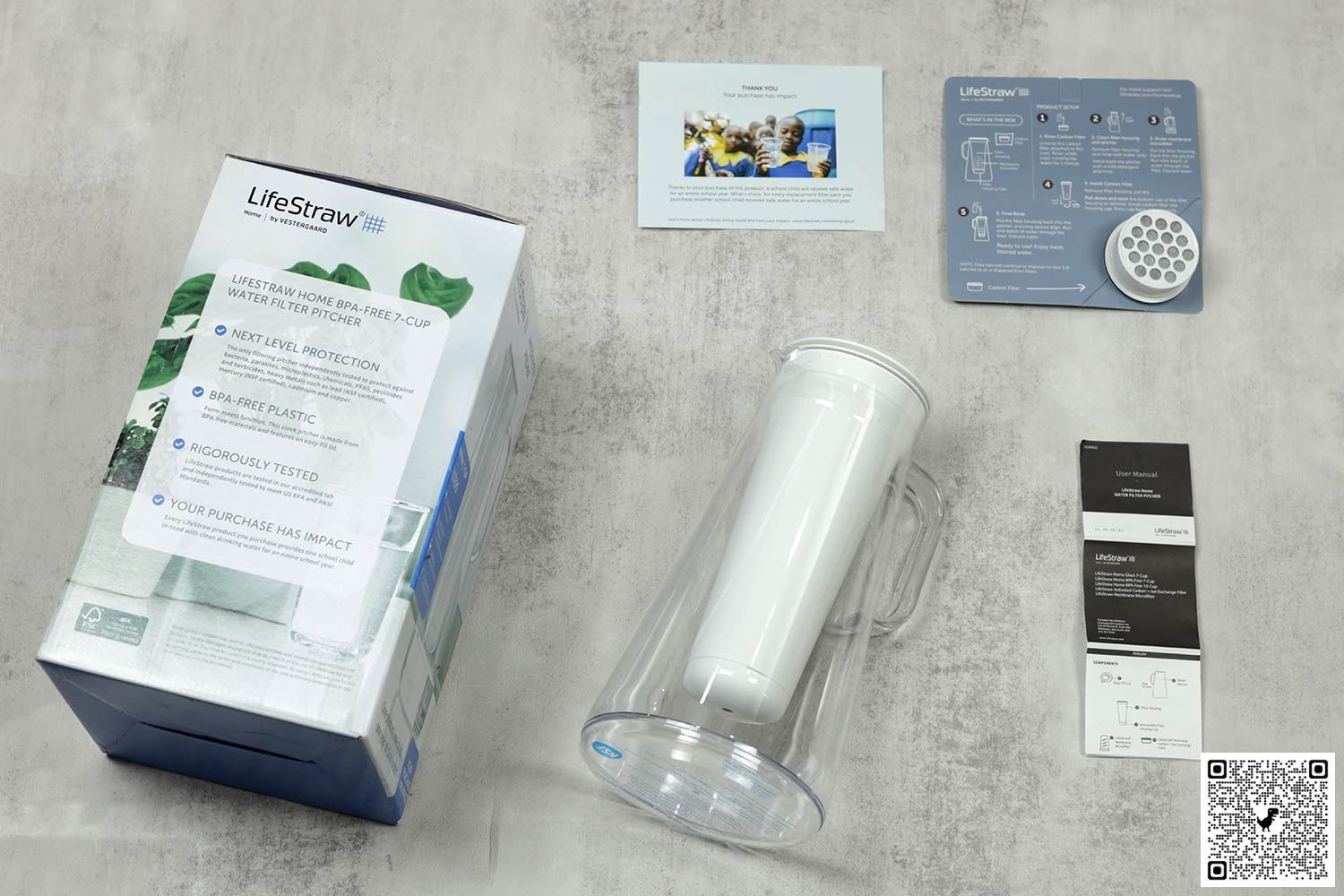 LifeStraw water jug, package box, carbon and ion-exchange filter, leaflets