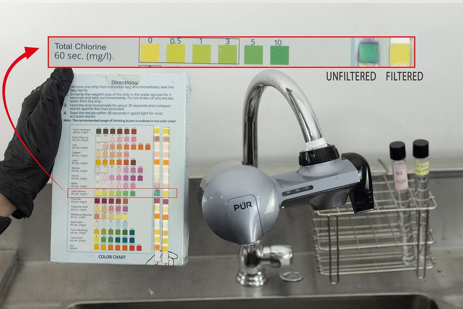 The PUR Plus PFM350V filter mounted on a tap. To its left is the testing result pad with two activated test strips.