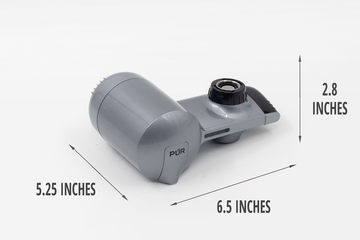 The dimensions of the PUR Plus PFM350V. The length is 6.5 inches, the width is 5.25 inches, and the height is 2.8 inches.