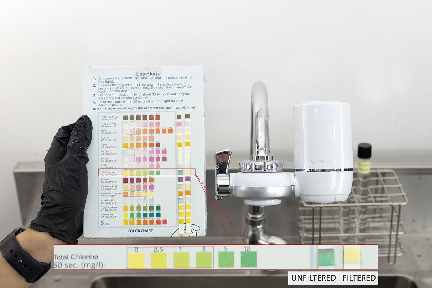 Waterdrop WD-FC-01 was able to reduce the chlorine level from 10+ mg/l to around 0.5 mg/l.