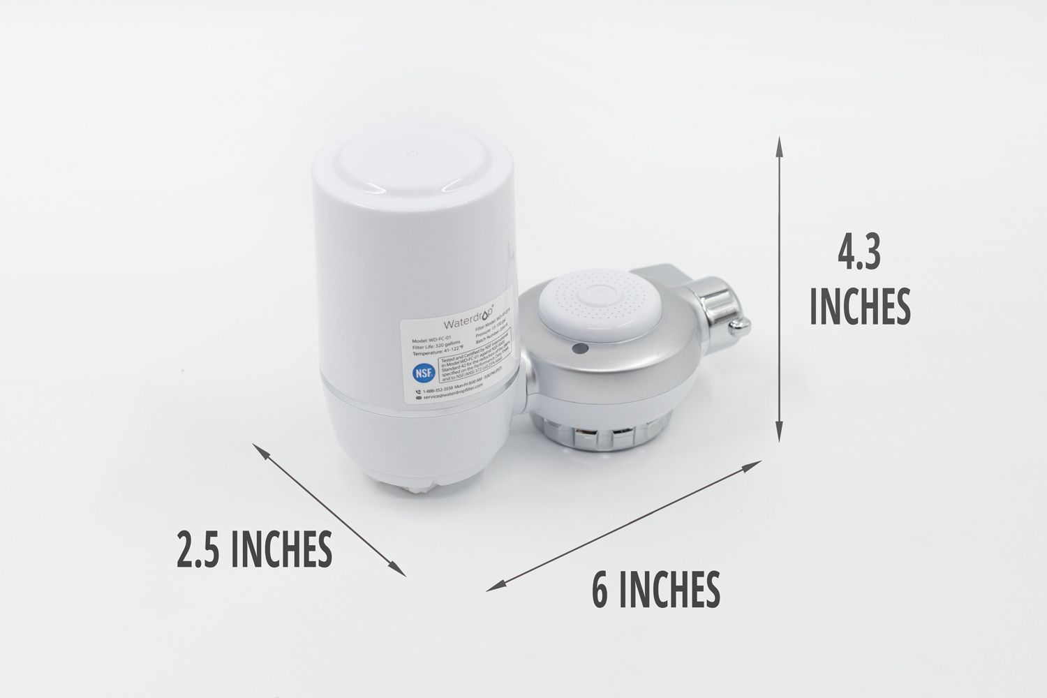 The dimensions of the Waterdrop WD-FC-01 are marked to the side, length (5 inches), width (2.2 inches), height (5.2 inches).