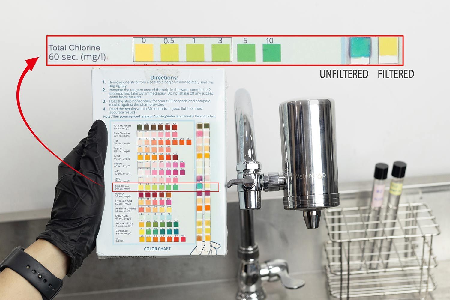 The Waterdrop WD-FC-06 mounted on a tap. To its left is the testing result pad with two activated test strips.