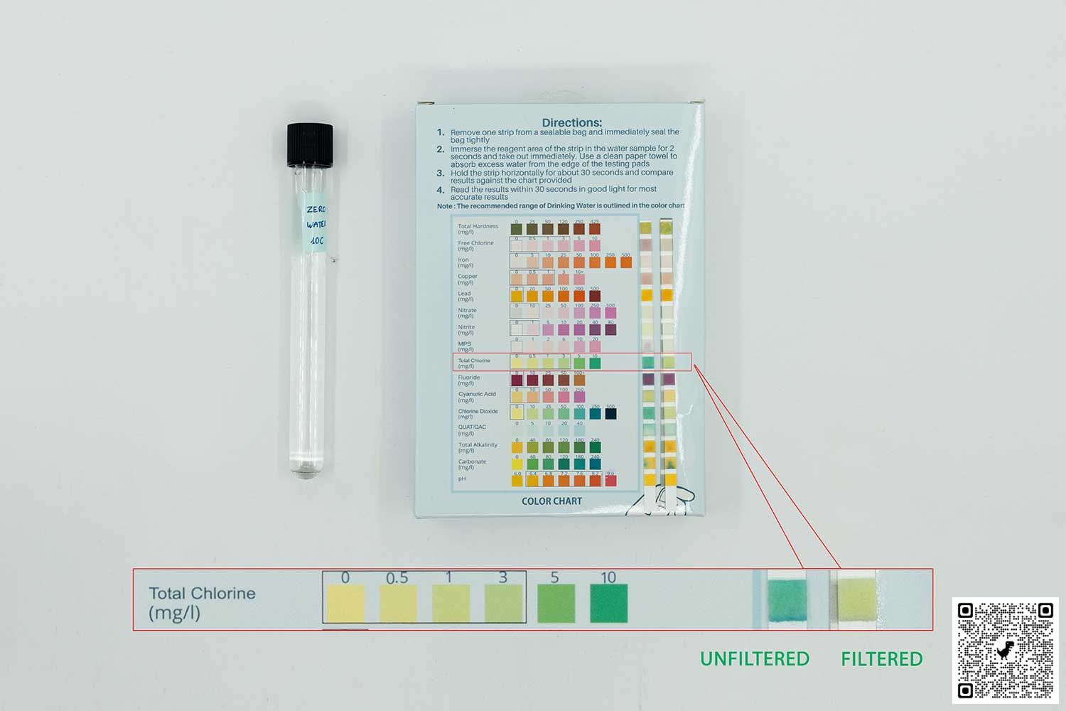 Test tube labeled ZeroWater 10C next to water test kit and magnified total chlorine results