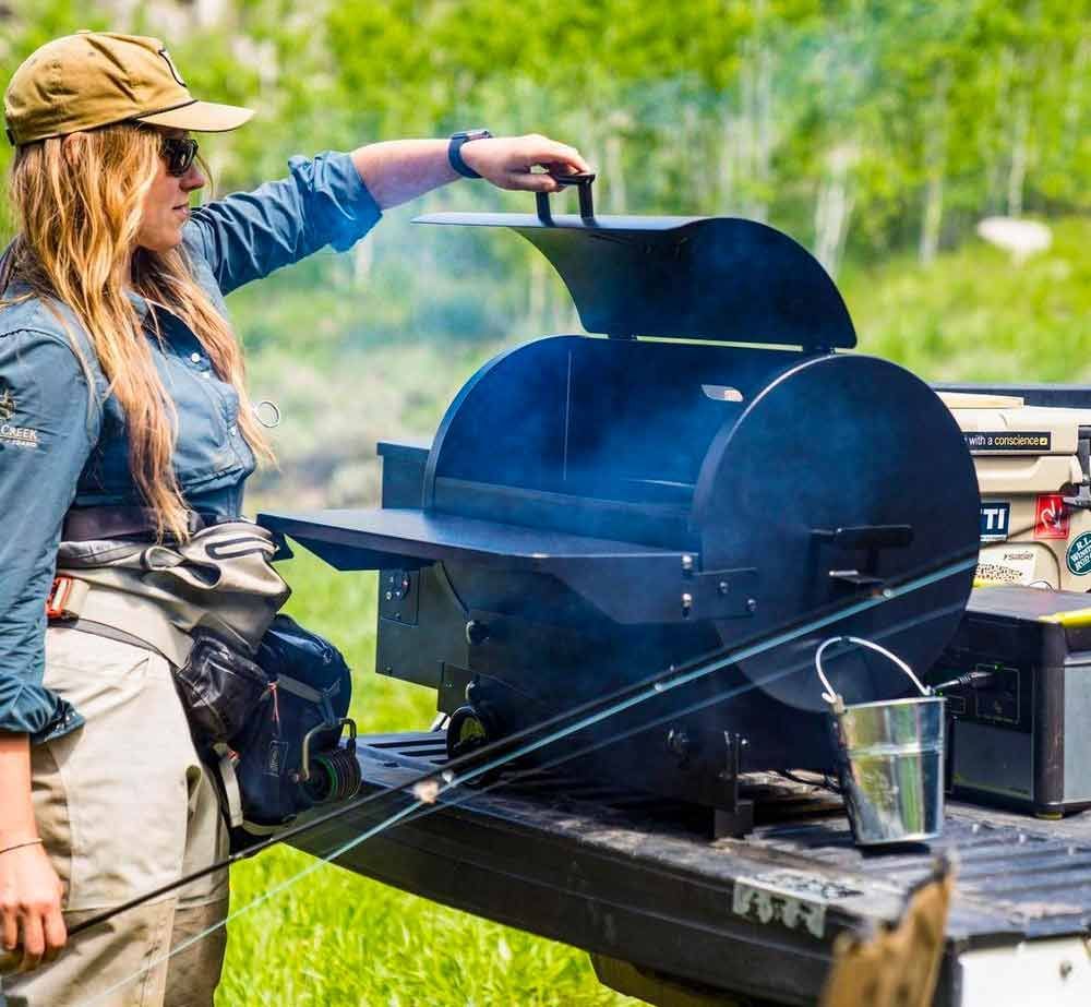 Prepping a roadside meal on a pellet grill